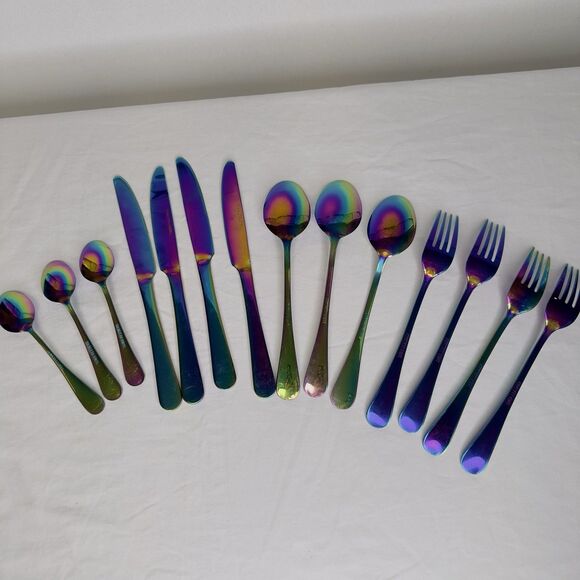 14 Pieces Byram Pattern Flatware Cambridge Rainbow Mirror Titanium Plated - Picture 5 of 6